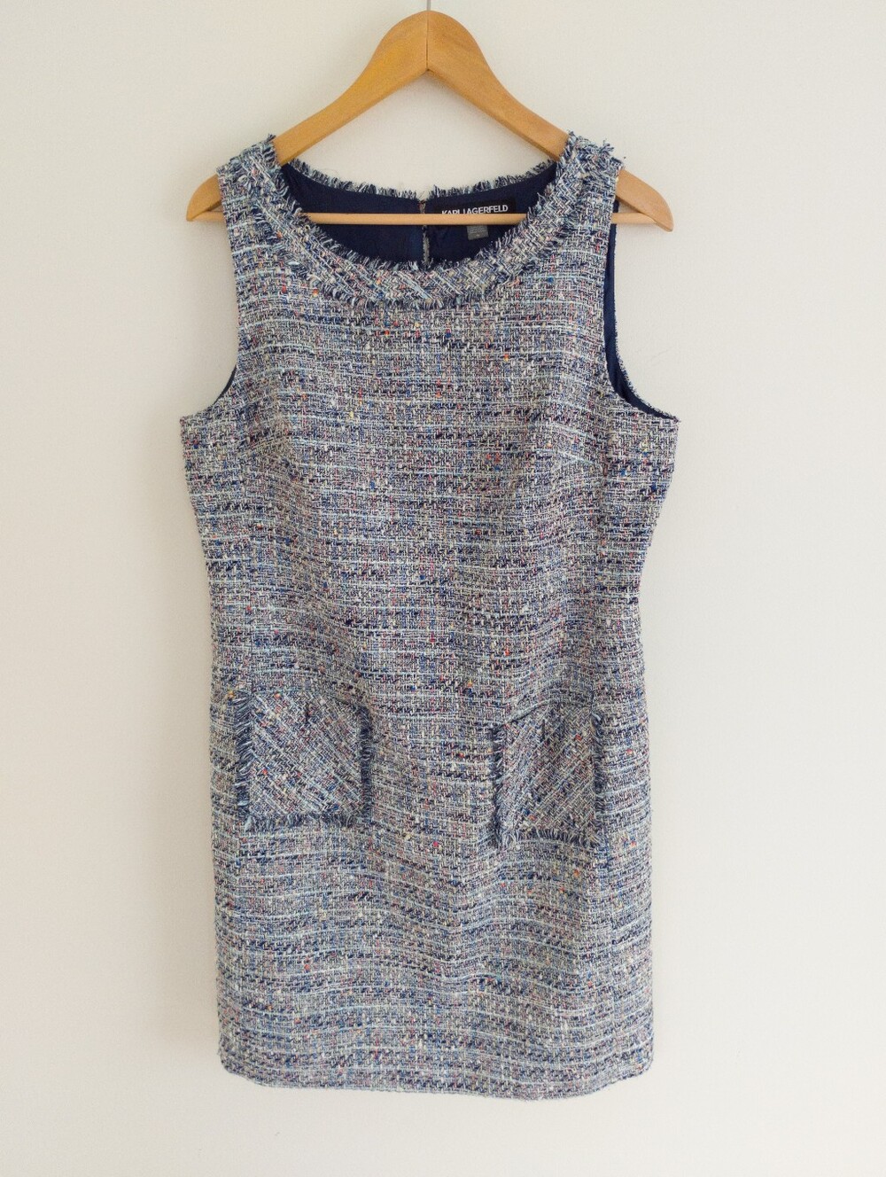 Karl Lagerfeld Paris Blue Tweed Shift Dress Fringe Pocket Size 12